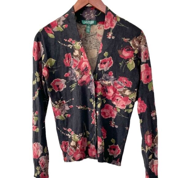 Ralph Lauren black button cardigan with roses - Picture 1 of 12